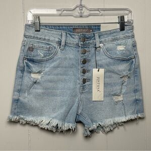 NWT Just USA Women's Frayed Button Fly Cotton Blend Jean Shorts Light Blue Sz M